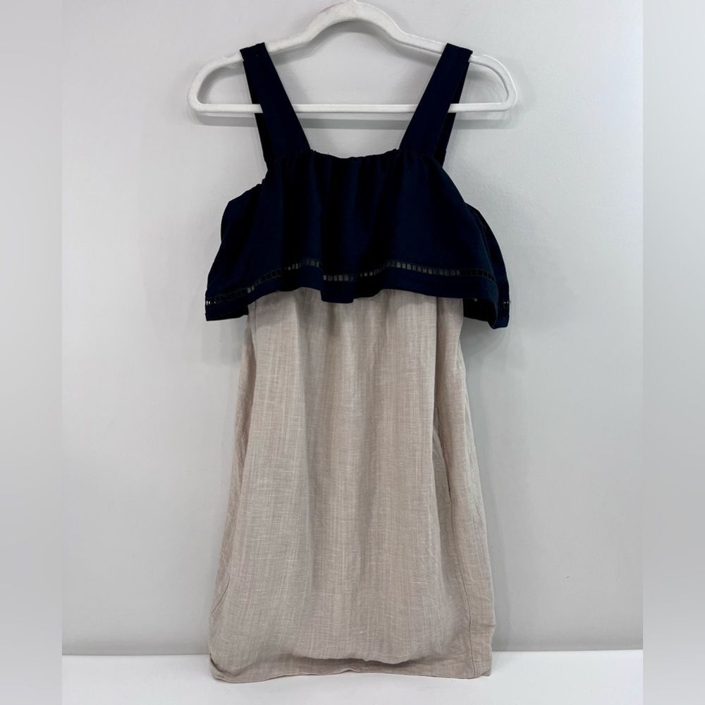 $650 TELA Cima Color Block Linen Shift Dress Black Tan with Pockets Size Medium
